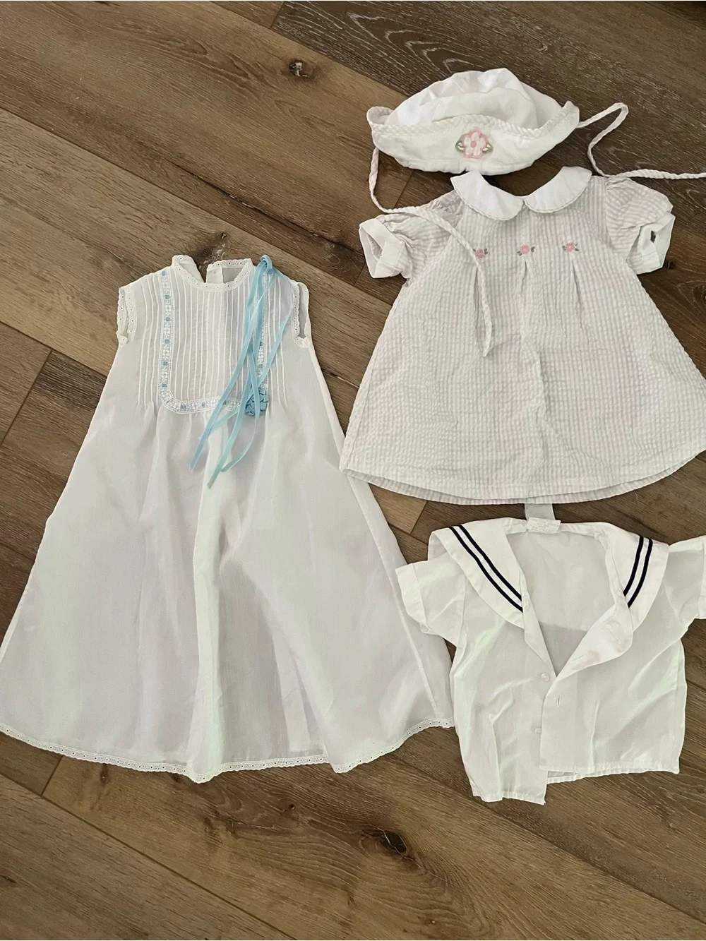 Vintage White Baby Dress & Outfit Set - Sailor Top, Bonnet, Pink Detail